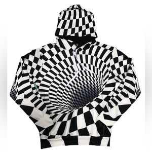 NWOT Trippy Illusion Hoodie Pullover Black White Grey Pocket Size Large Kids
